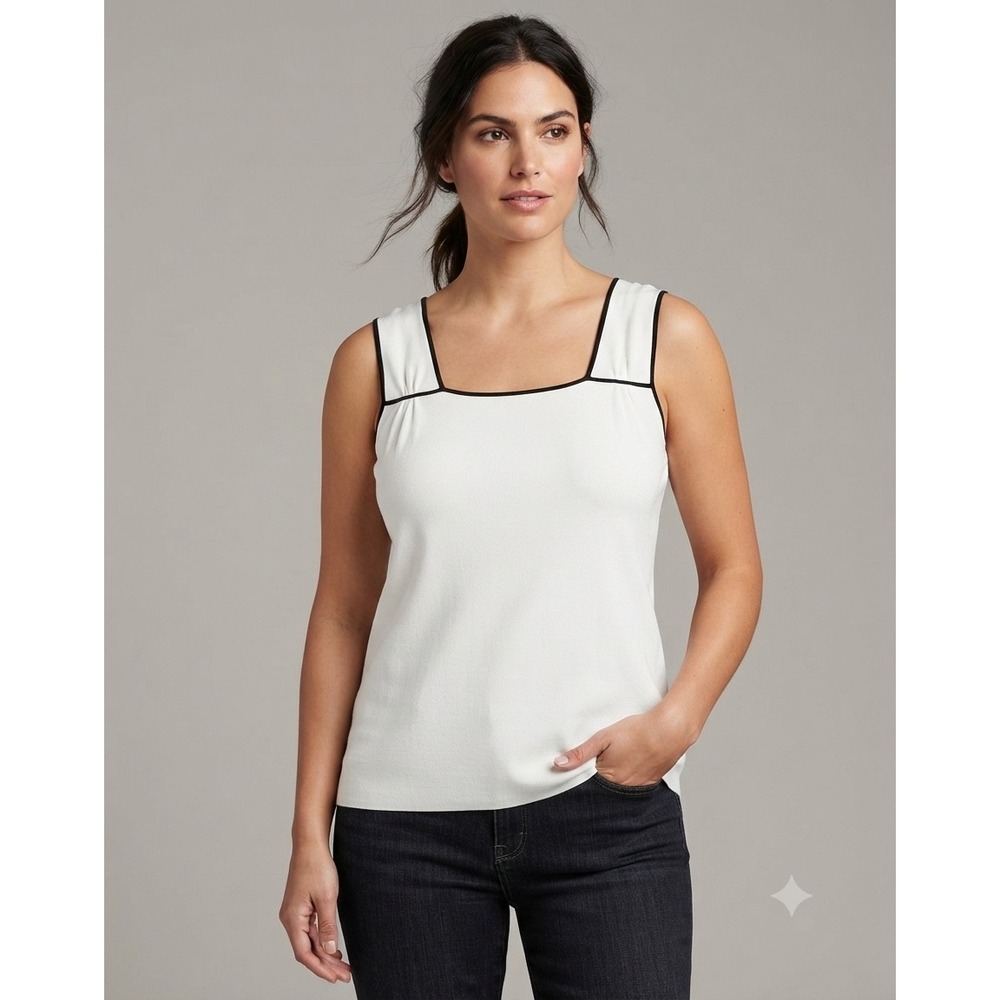 Emma James Womens XL Tank Top Cream Black Contrast Trim Square Neck‎ Knit Shell